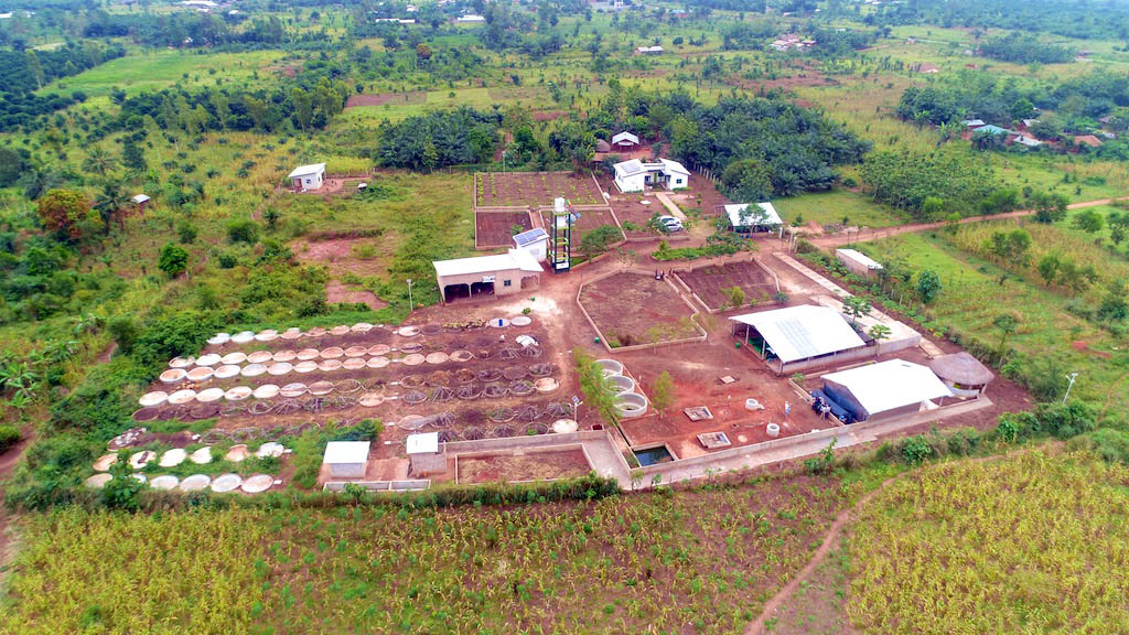 Vue aérienne montrant les bureaux de ReBin, les bassins de la pisciculture, les plateformes de compost et les deux biodigesteurs