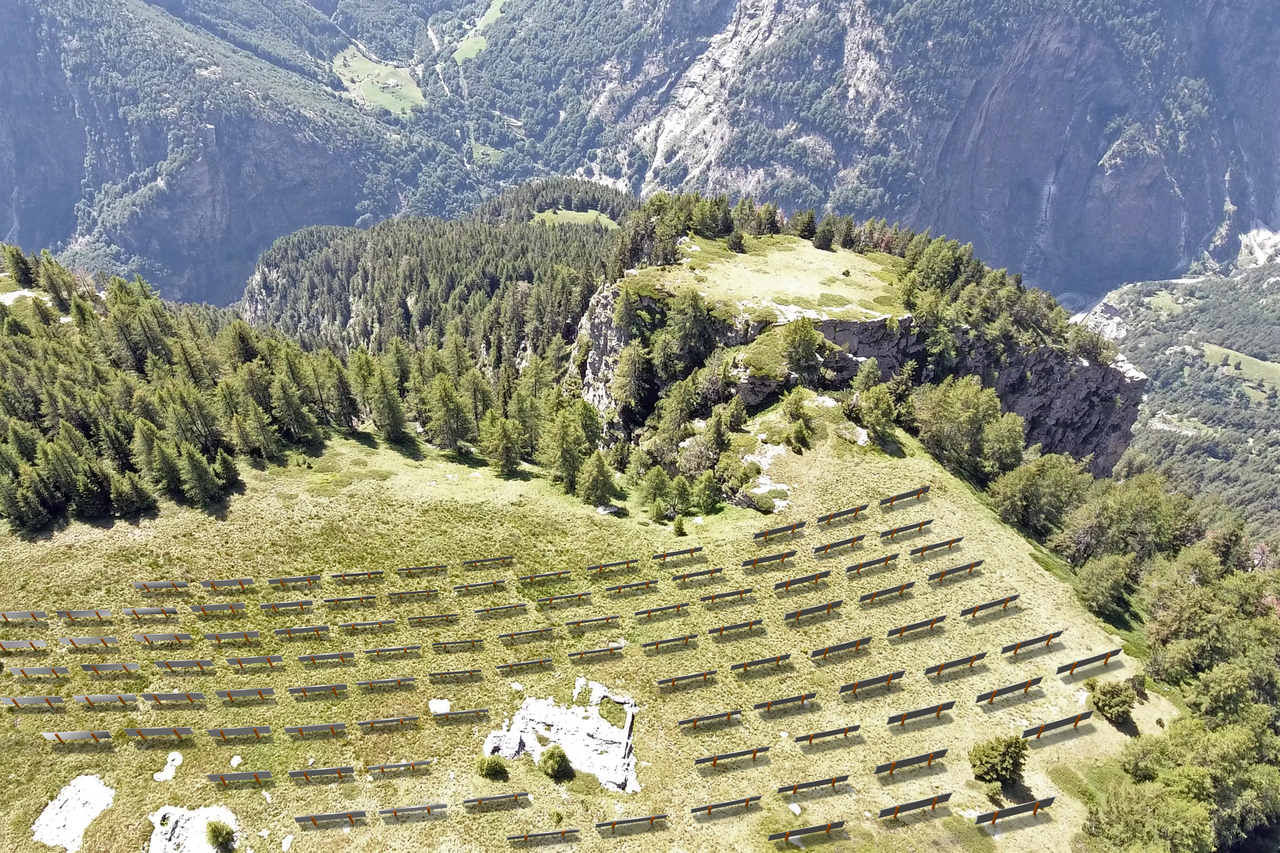 在瑞士和意大利边境附近，规划中的贡多光伏项目(Gondosolar)的计算机合成图像。