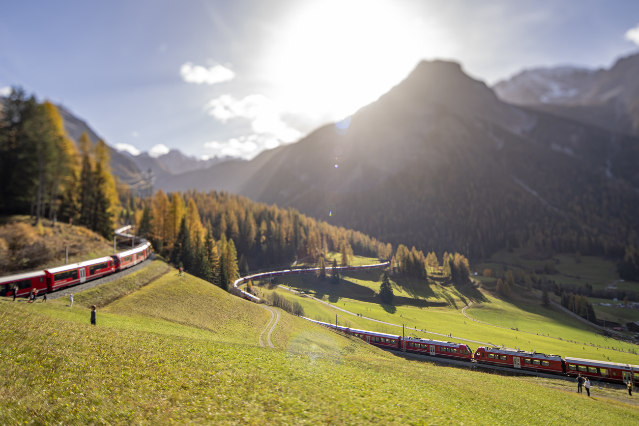 valle con el tren pasando por las vías férreas a través de las montañas