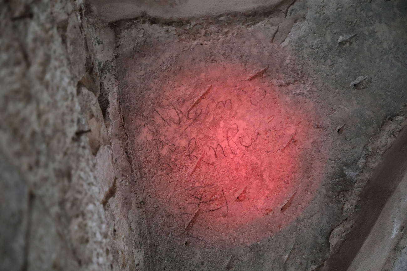 The von Bubenberg graffiti highlighted on a wall in St David s Tomb in Jerusalem