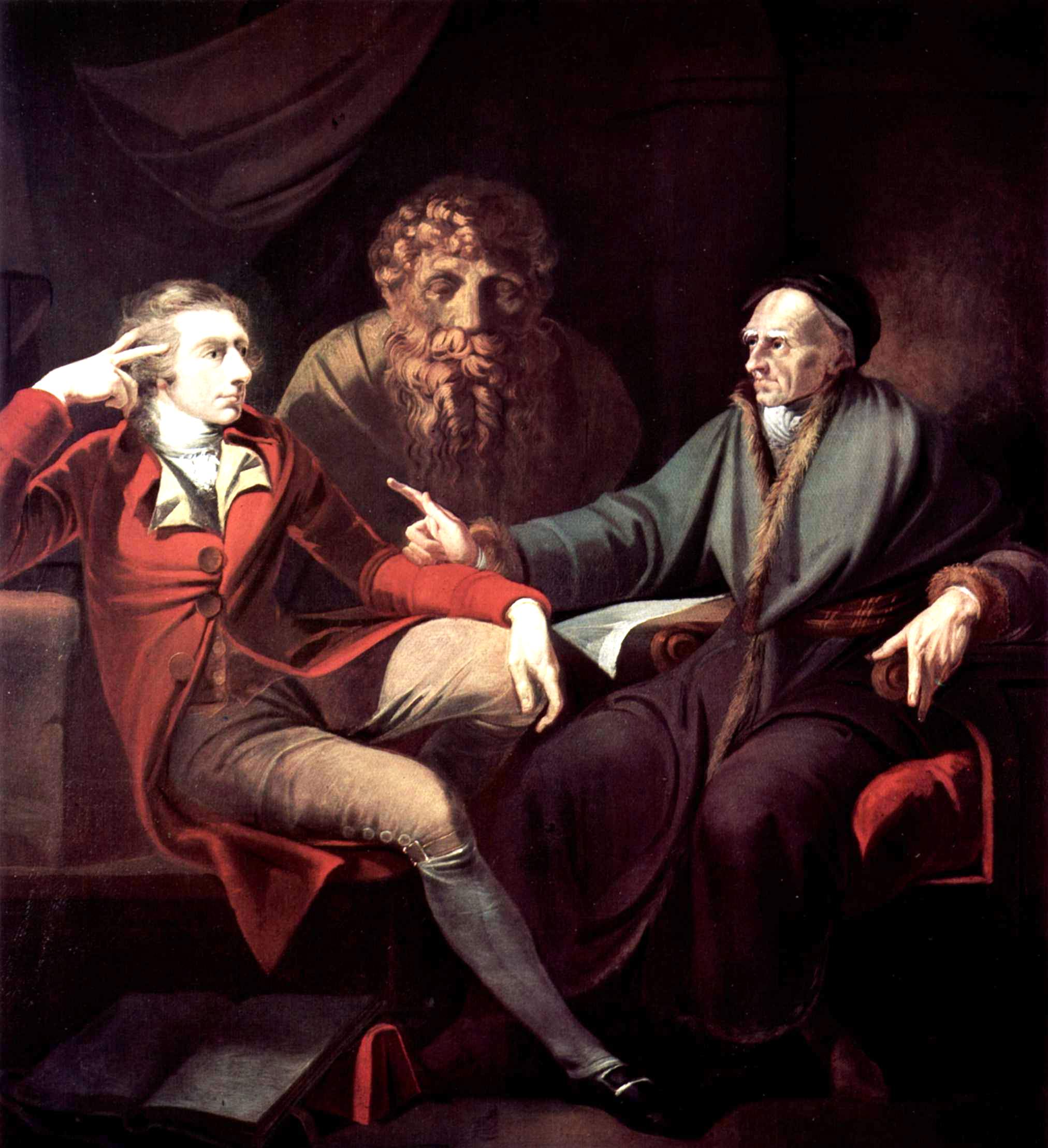 Gemälde mit zwei Männern, die um eine Büste herum sitzen