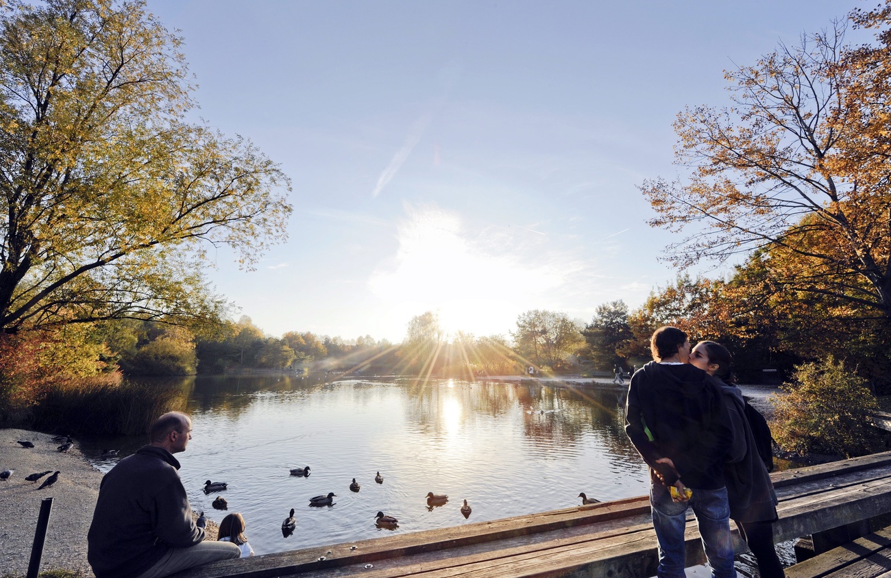Menschen und Enten an einem kleinen See mit Sonnenuntergang