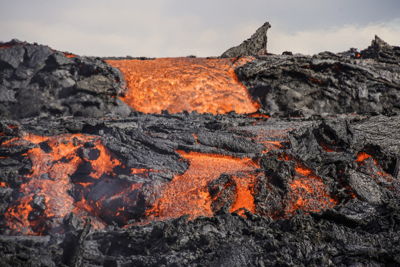 Lava flowing at the lava flowing on Fagradalsfjall volcano in Iceland in 2022.