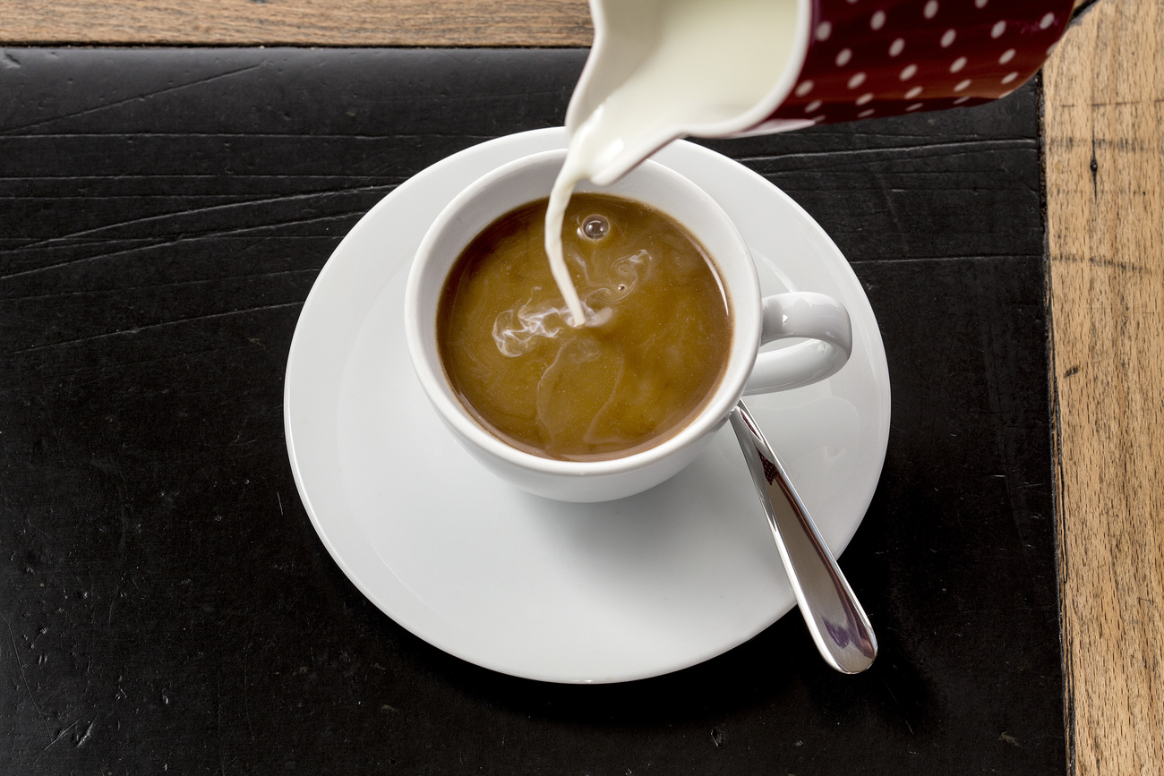 Milk is poured into a cup of coffee