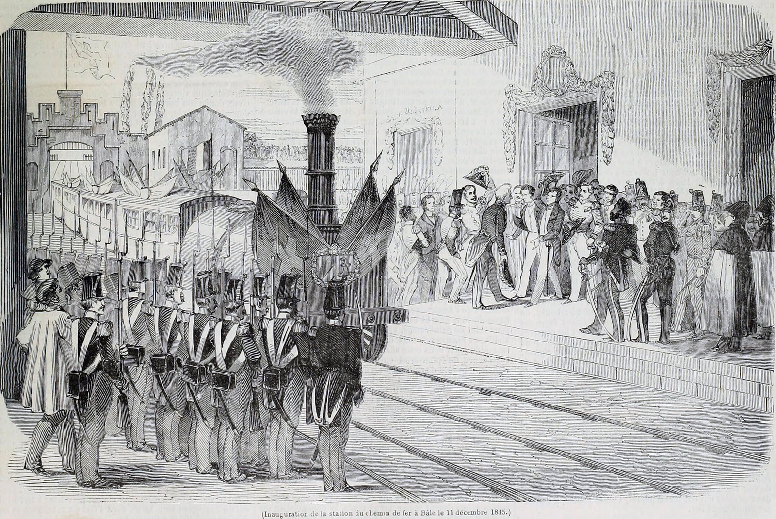 Dibujo antiguo que muestra la llegada de un tren a la estación