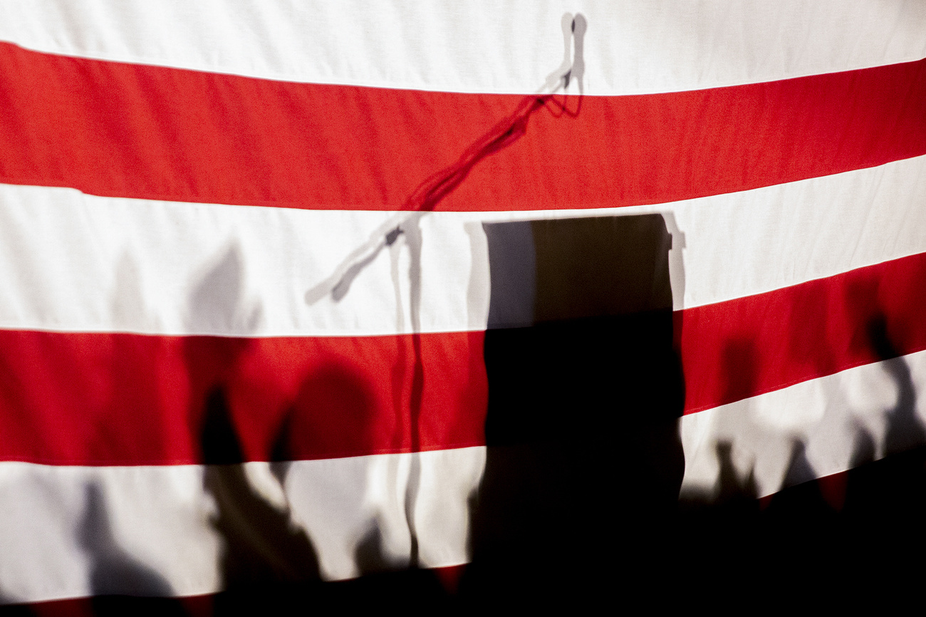 A podium against the US flag