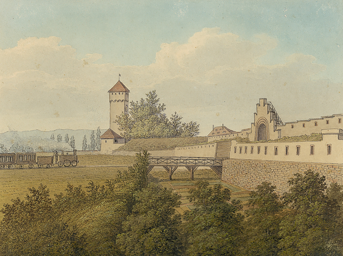 Alte Zeichnung der Stadtmauer von Basel, mit Eisenbahntor