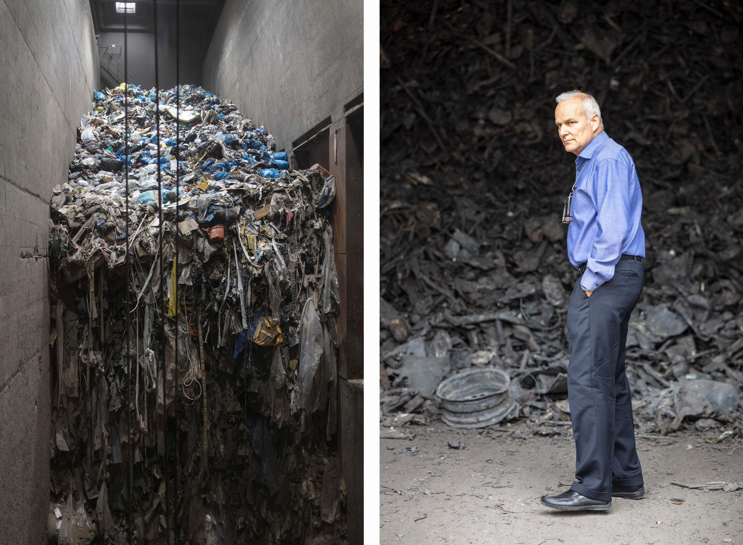 على اليسار: جبل من القمامة والنفايات وعلى اليمين: رجل يقف أمام كوم من المواد الحديدة المحروقة