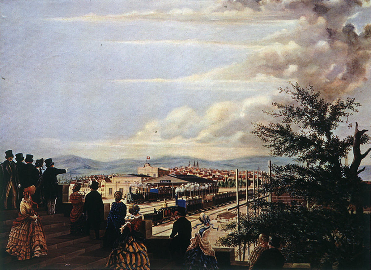 Gemälde mit der Ankunft eines Zugs
