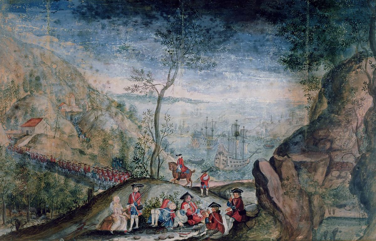 Gemälde mit einer Landung von Soldaten aus dem achtzehnten Jahrhundert