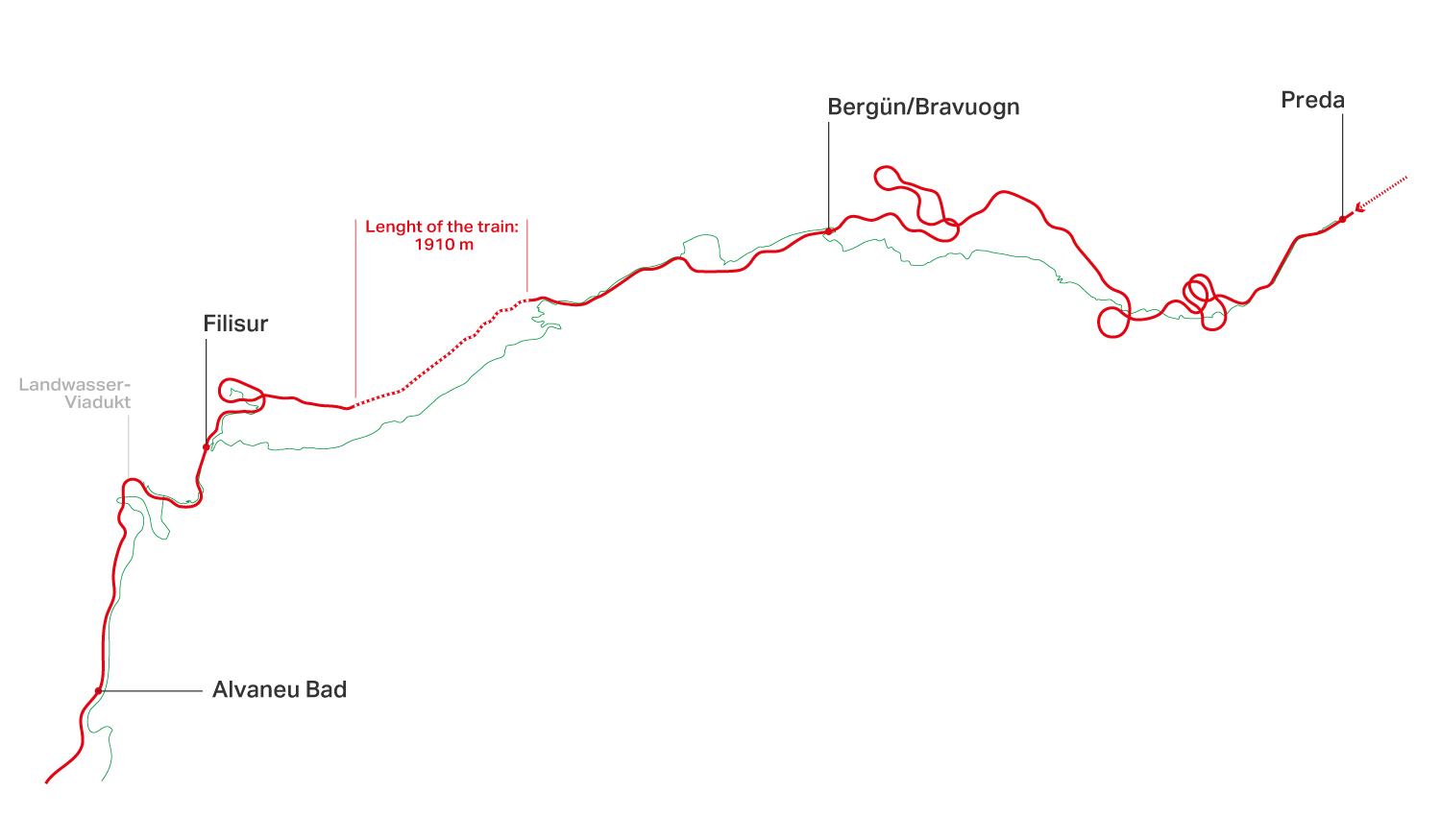 Red line showing the railway path between Preda and Alvaneu