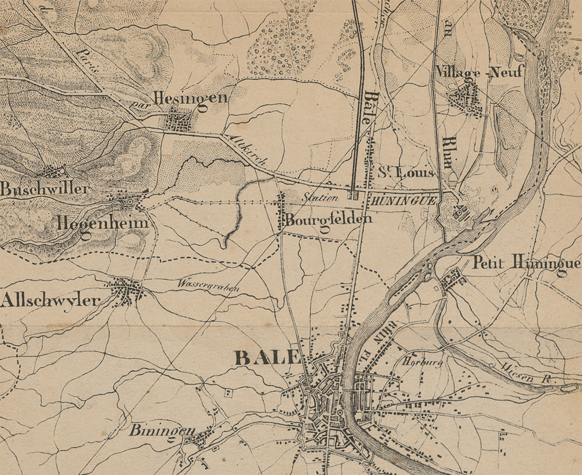 仏ストラスブールからバーゼルまでの鉄道路線図の一部(1840年)。国境手前の仏サン・ルイが終点で、スイスにはまだ線路がない