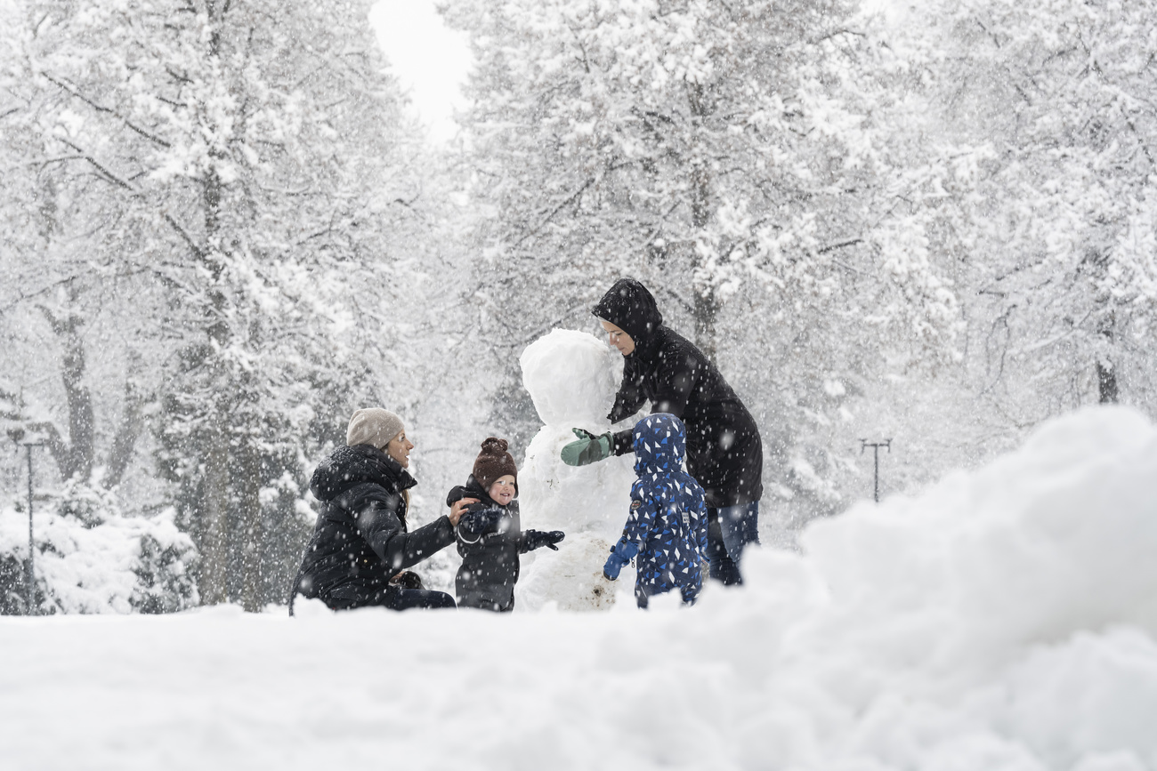 people building snowman
