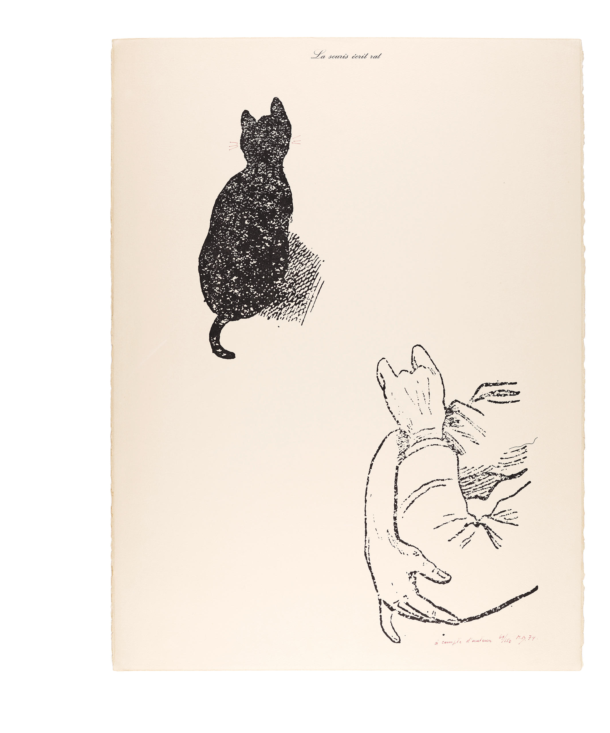 マルセル・ブロータス「La souris écris rat 『à compte d’auteur』（英題 The mouse writes rat 『on behalf of the other』、ネズミが『作者の代わりに』ラットを書く）」、1974年