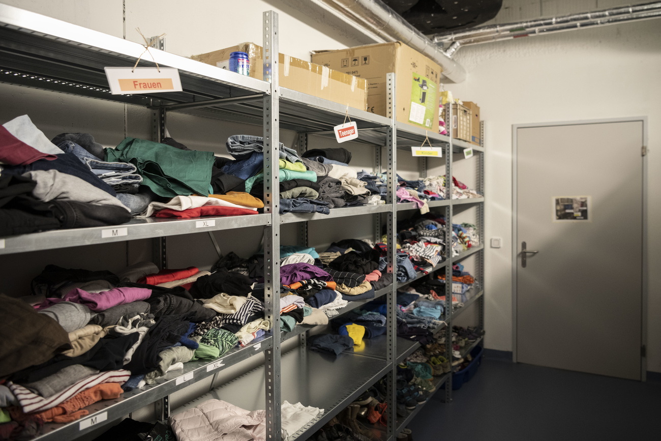 storage room with clothes for refugees