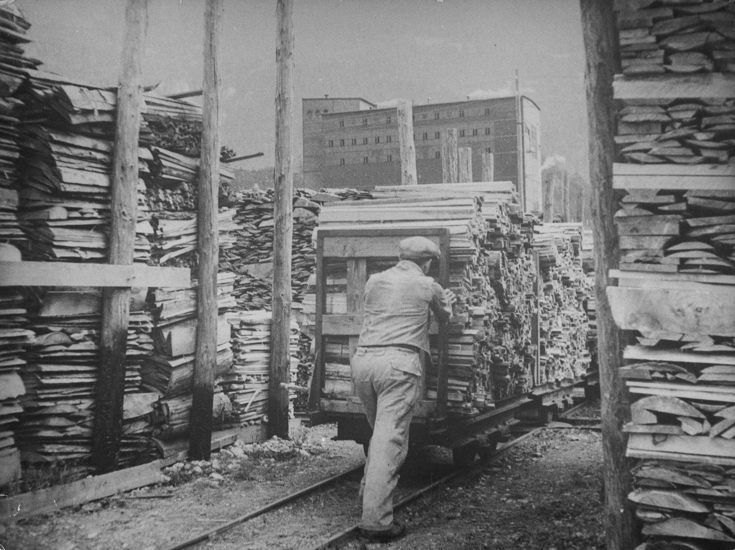 Transport de bois dans une usine dans les années 1940