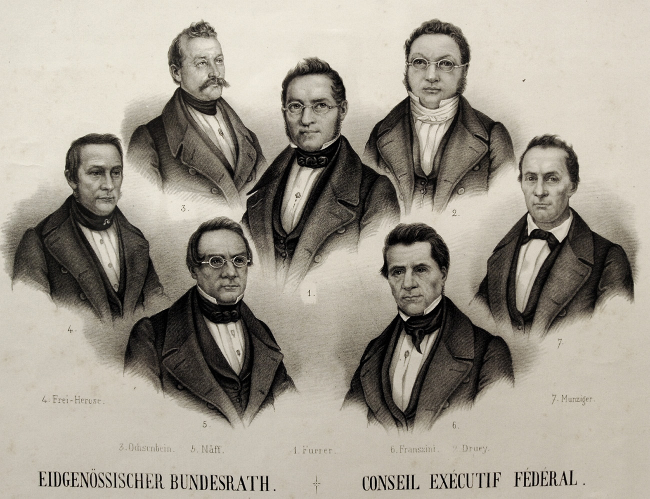 immagine che raffigura i busti di sette uomini membri del consiglio federale nel 1848