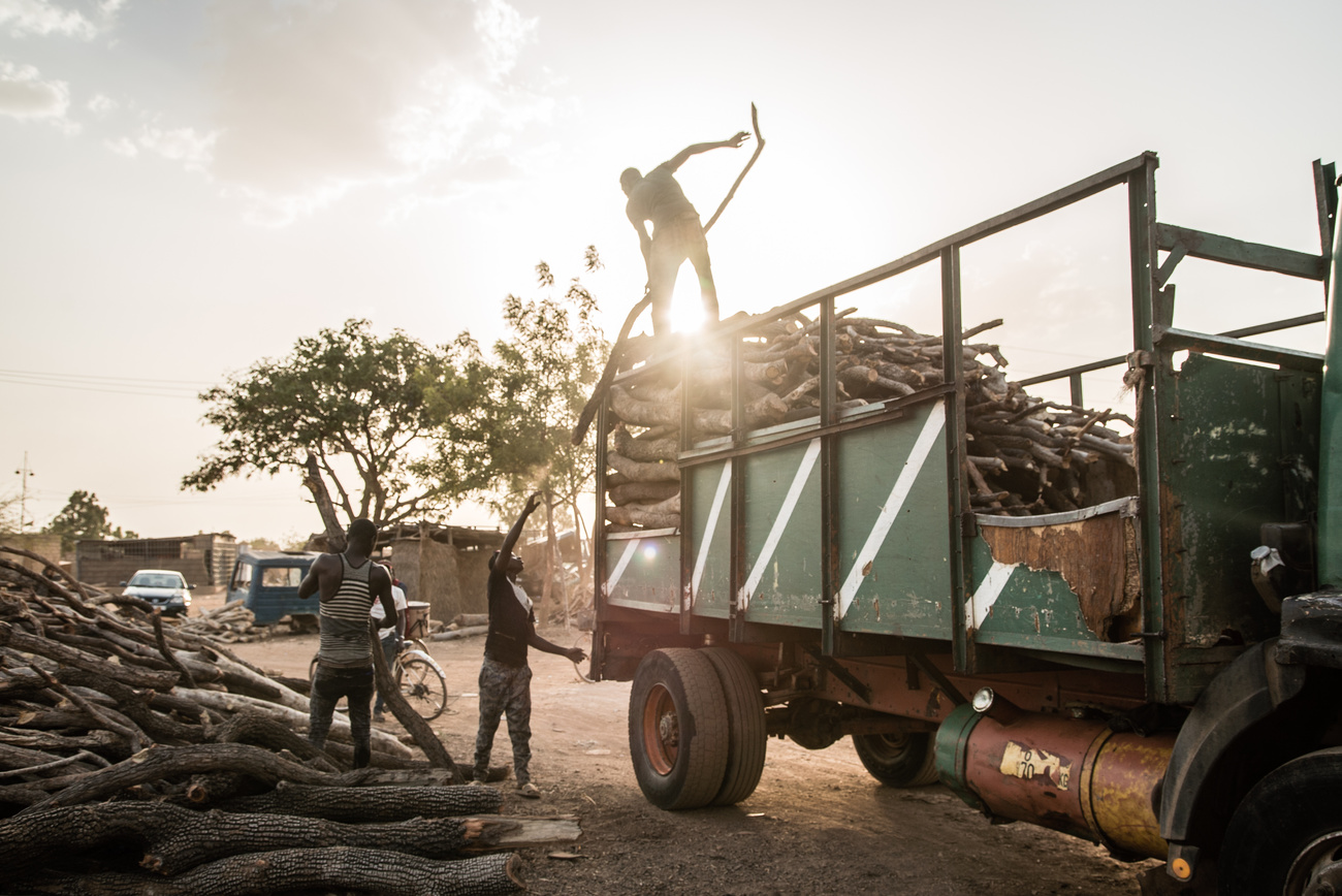 Arbeiter entladen einen Lastwagen mit Holz