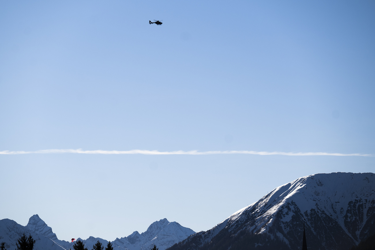 Swiss army helicopter over flying Davos