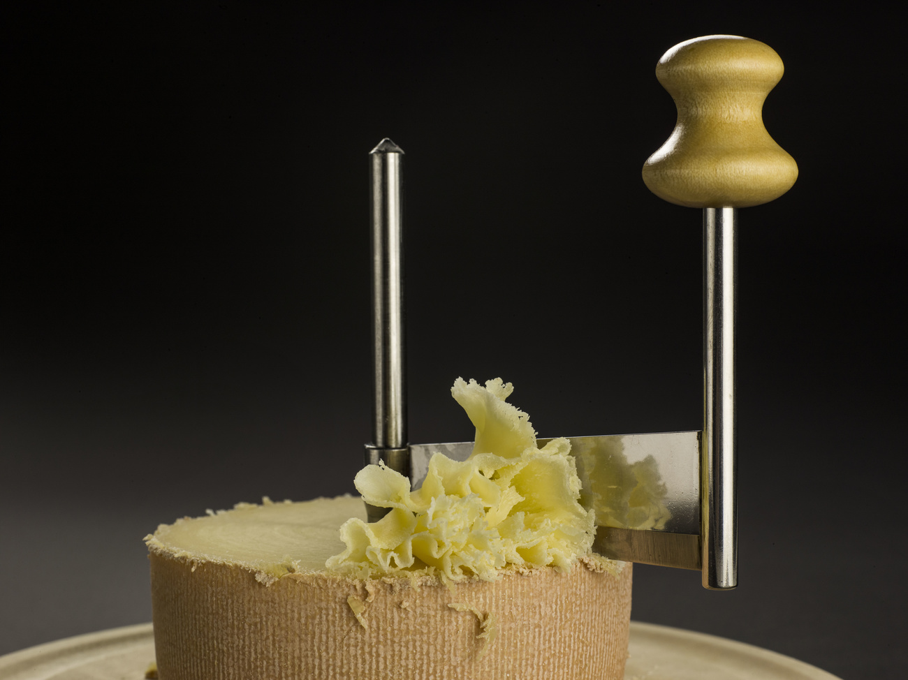 “修道士头”奶酪在食用前，需要先用一种特制工具刮出玫瑰花束形状。
