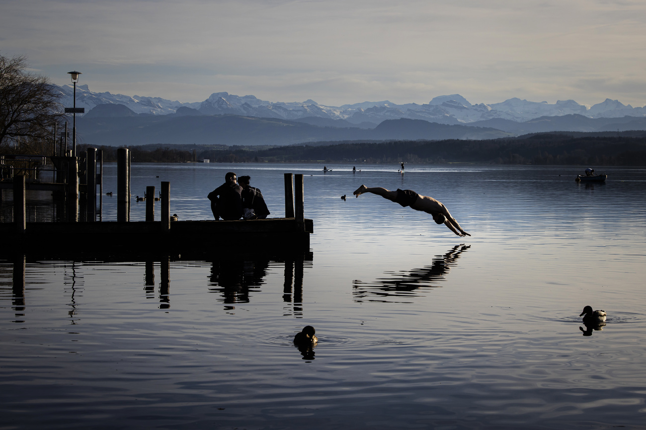 man diving into lake