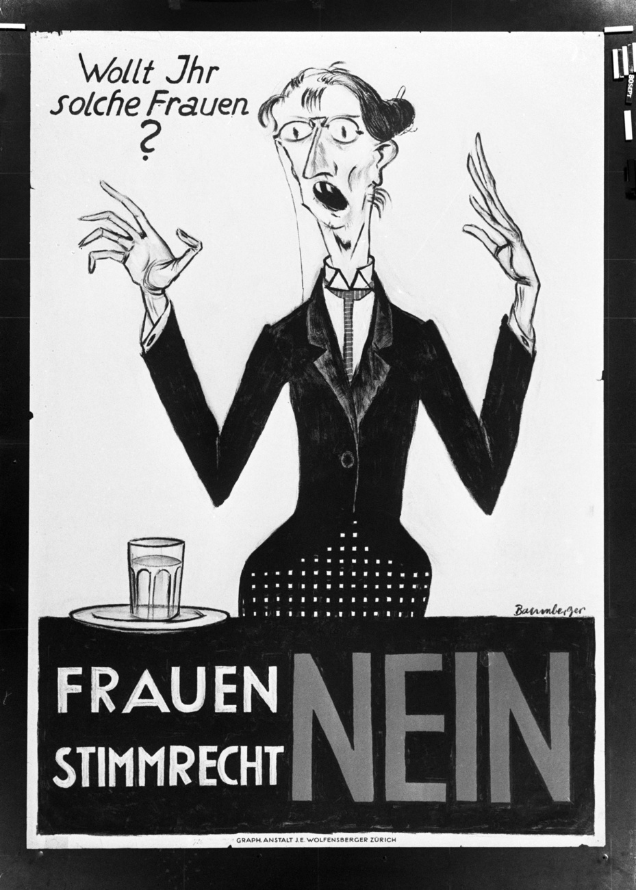 The poster was used in German-speaking Switzerland in the 1920 referendum campaign in the cantons of Basel-Stadt and Zurich.