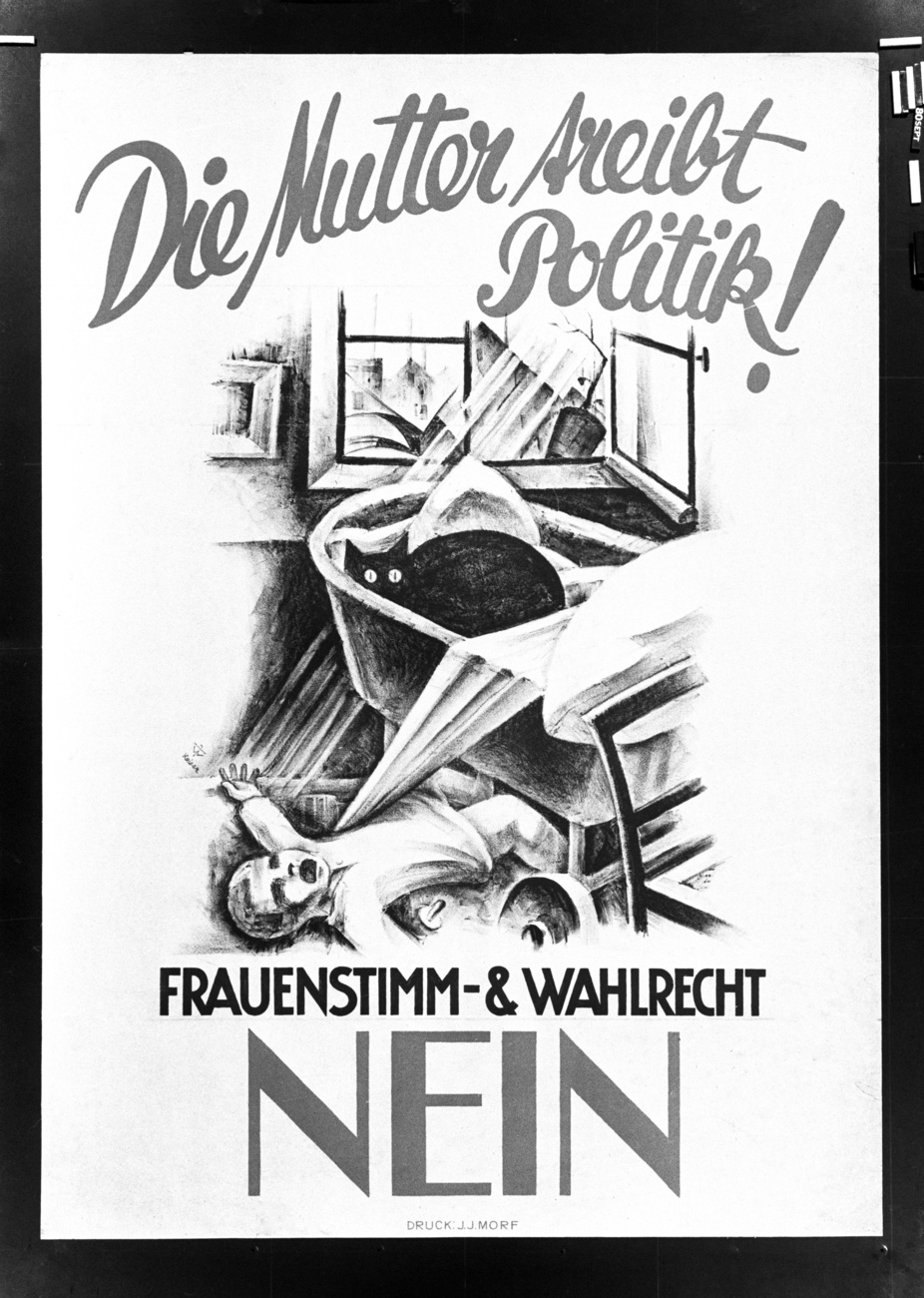 Abstimmungsplakat mit der Nein-Parole zur Einführung des Frauenstimmrechts gestaltet von Ernst Keiser.