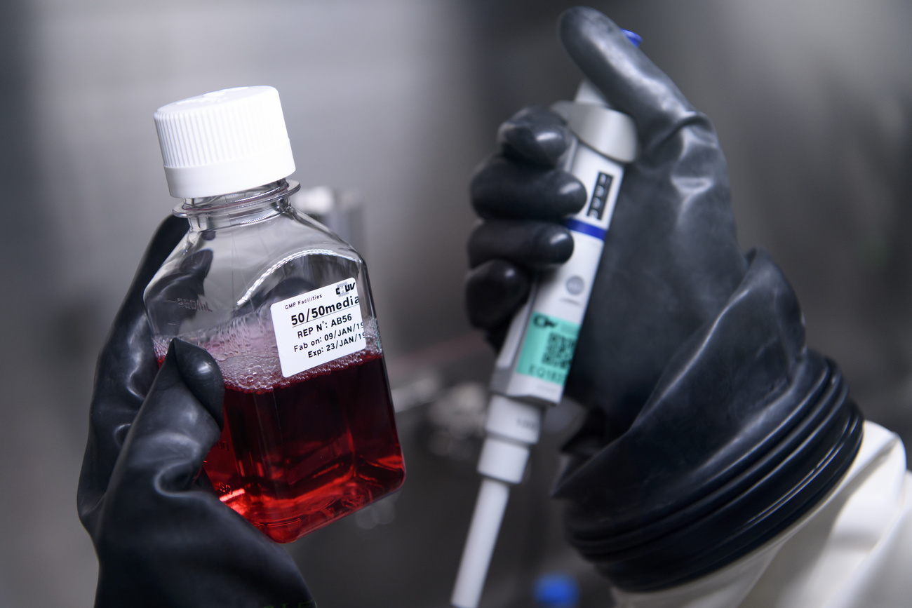 A production operator works with an isolator in the cell production laboratory for immunotherapy