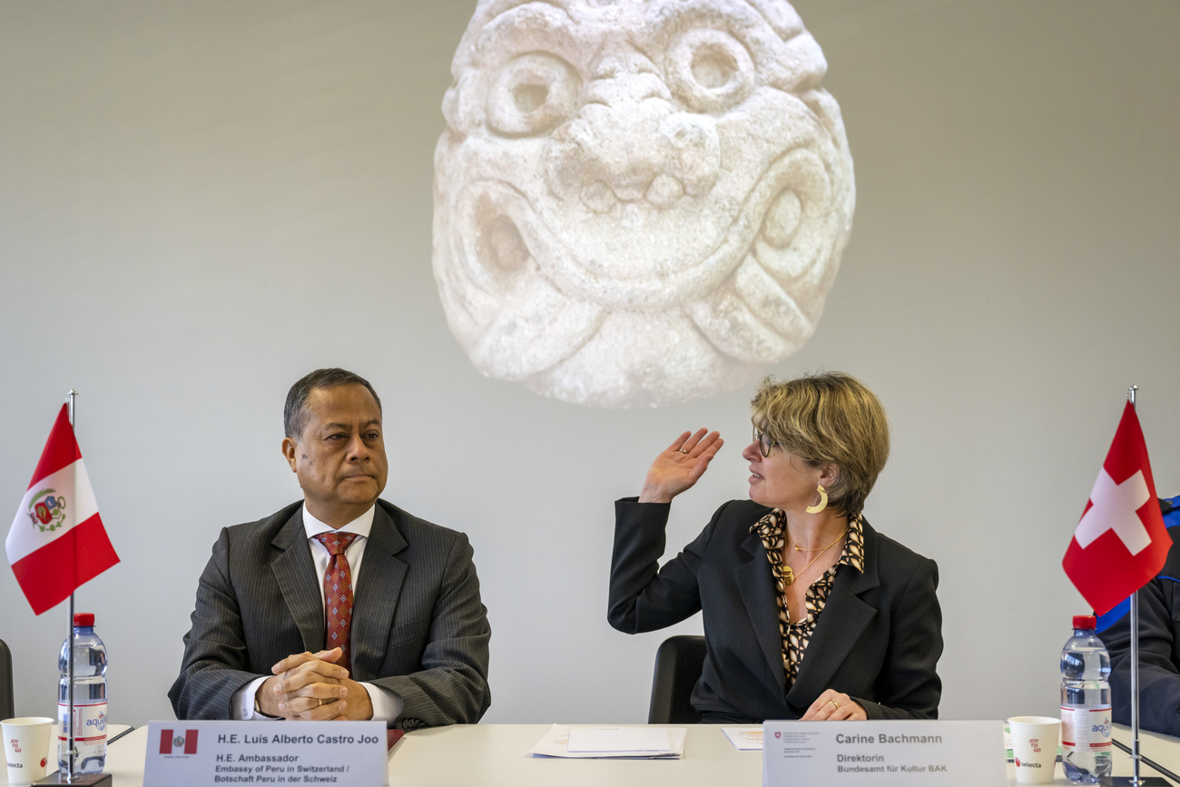 stone head behind Peruvian and Swiss reps.