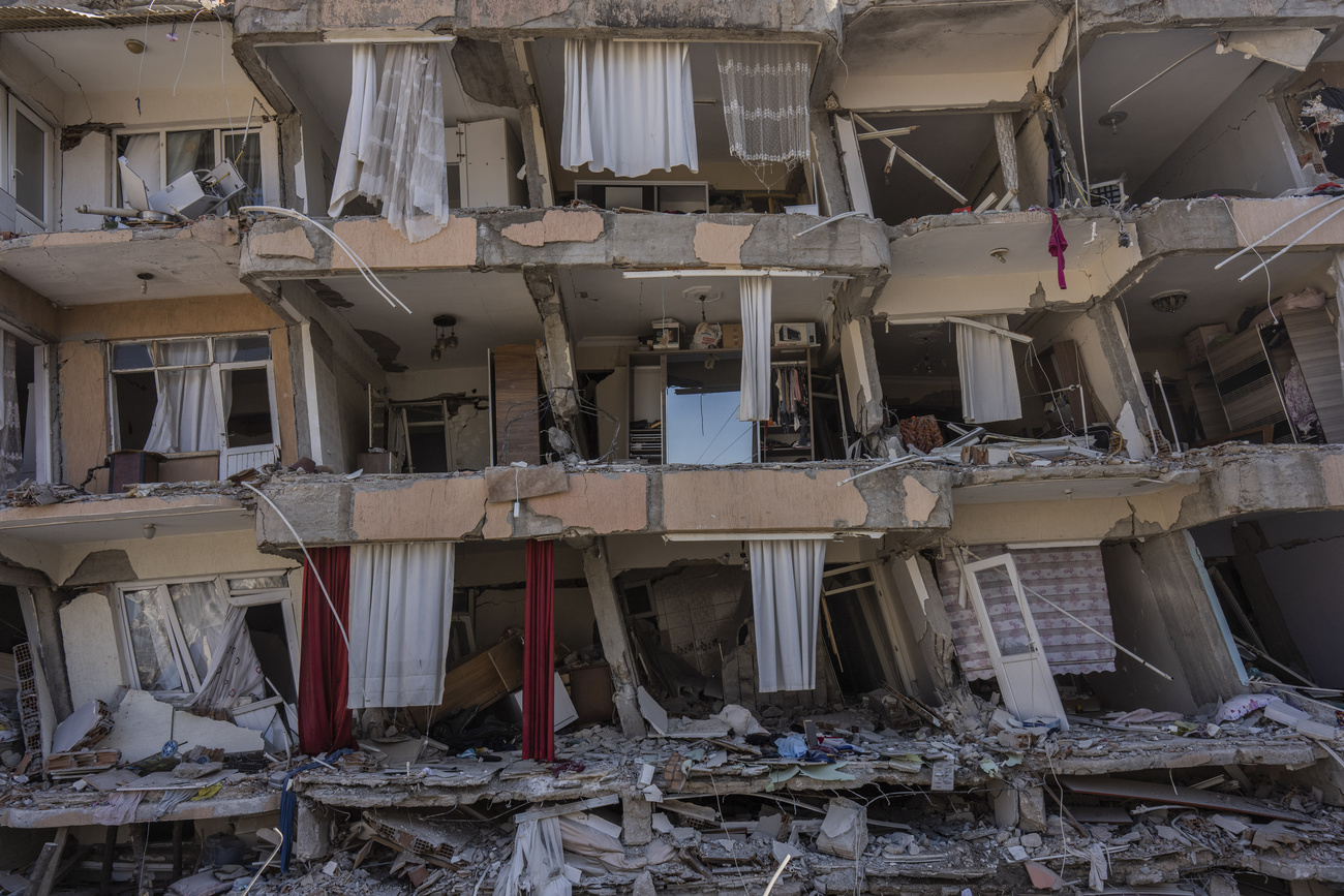 Ruined apartment block in Antakya, southeastern Turkey.