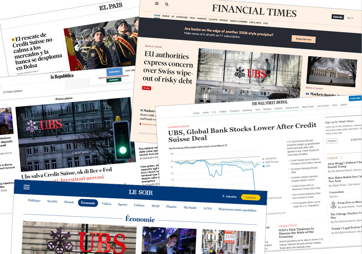 Quelques Unes de la presse internationale après le rachat de Credit Suisse par UBS.
