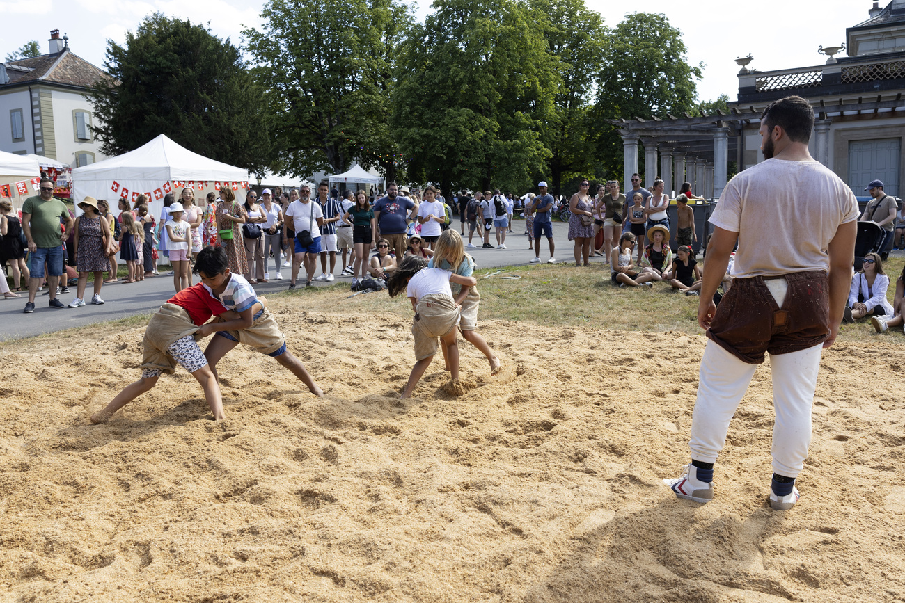 Children playing the wrestling sport of Schwingen