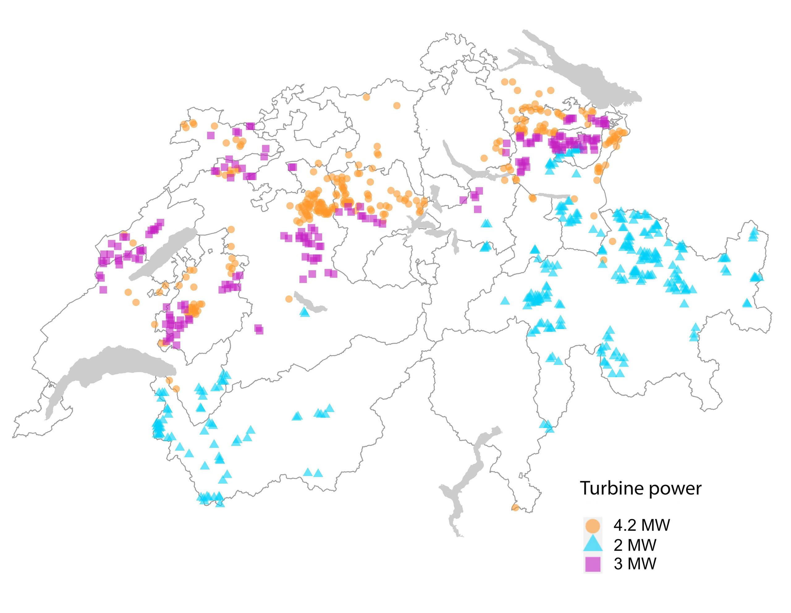 Map of Switzerland showing where wind turbines could be built