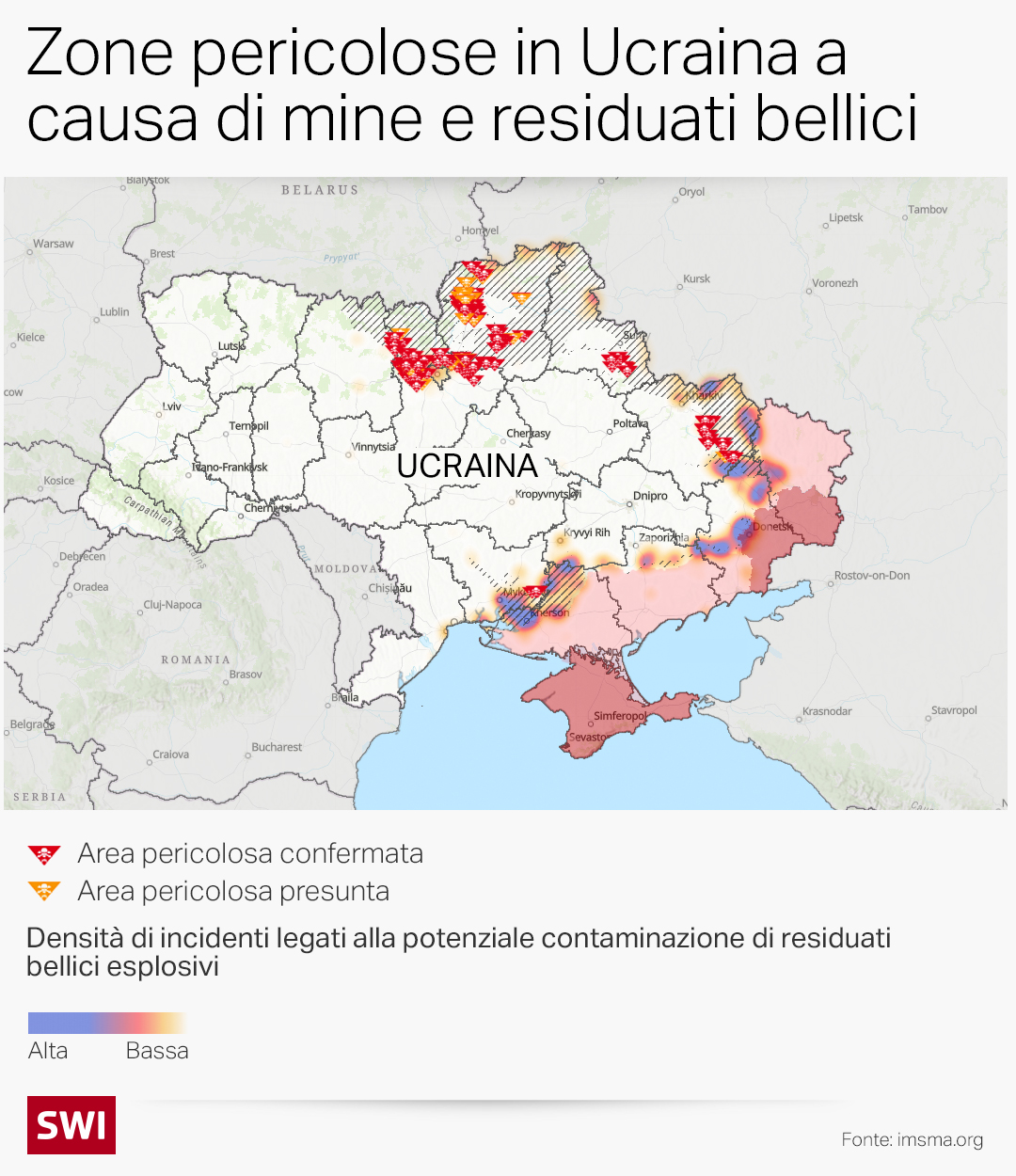 Cartina che illustra la presenza di mine in Ucraina