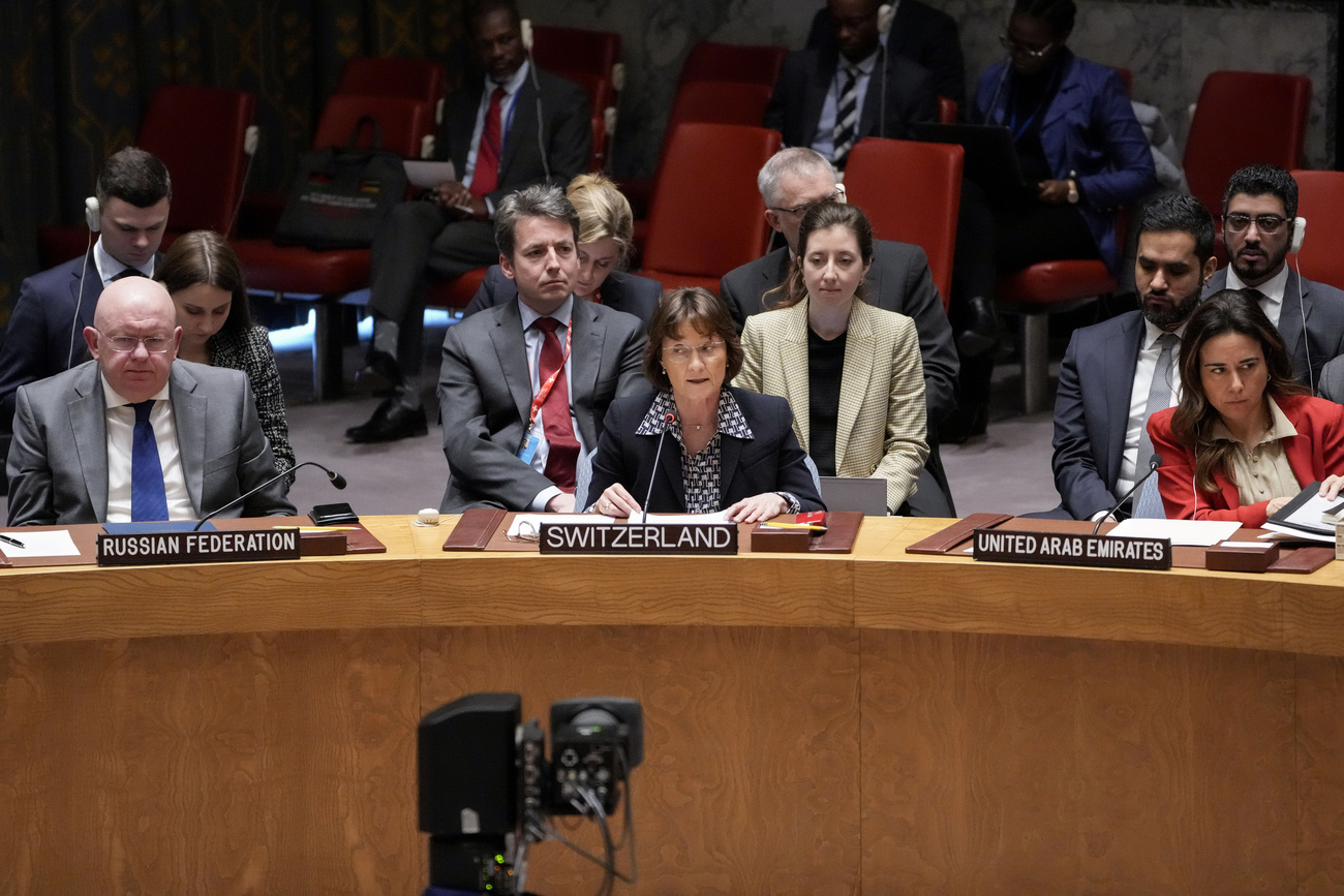 Pascale Baeriswyl talks in front of the Security Council
