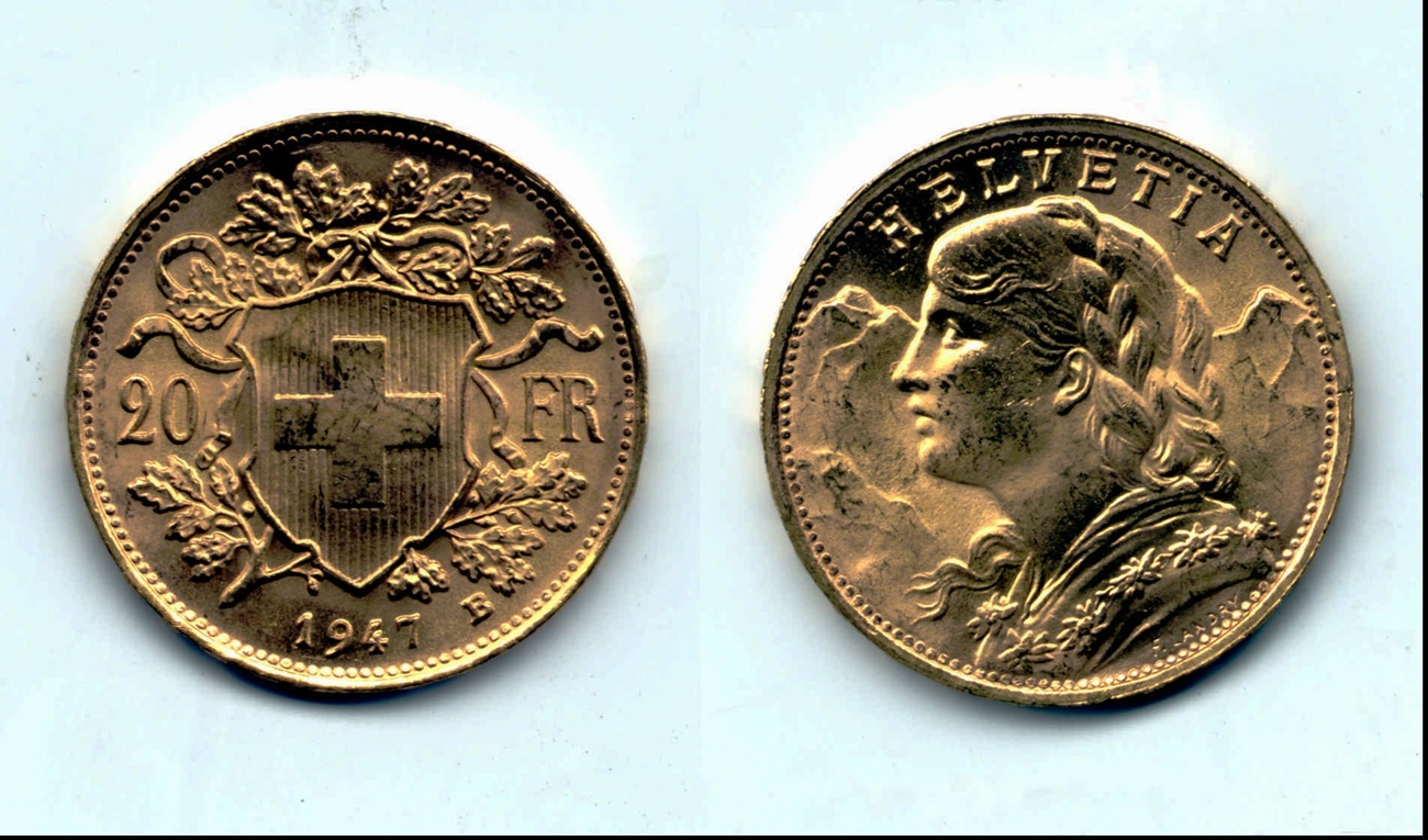 Goldvrenli 20 franc coin made of gold