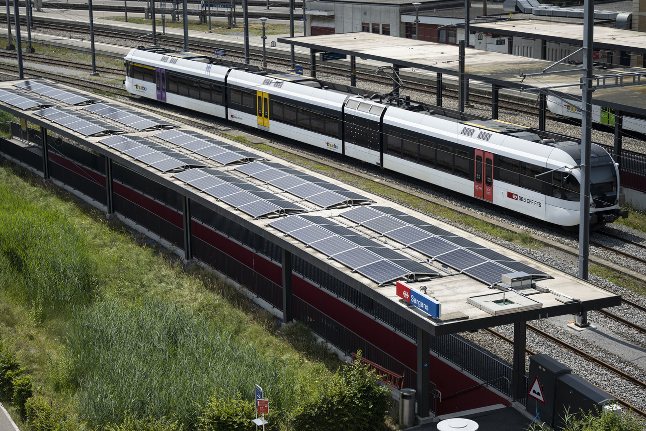 Swiss train passes by solar panel installation