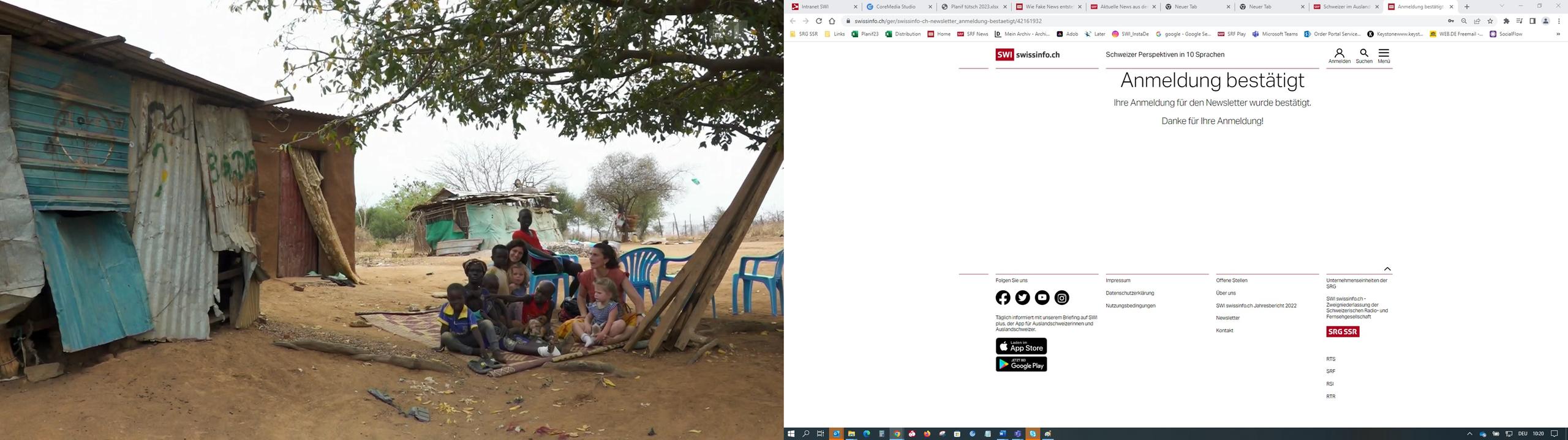 two white women sitting with dark-skinned children under a tree in the sand