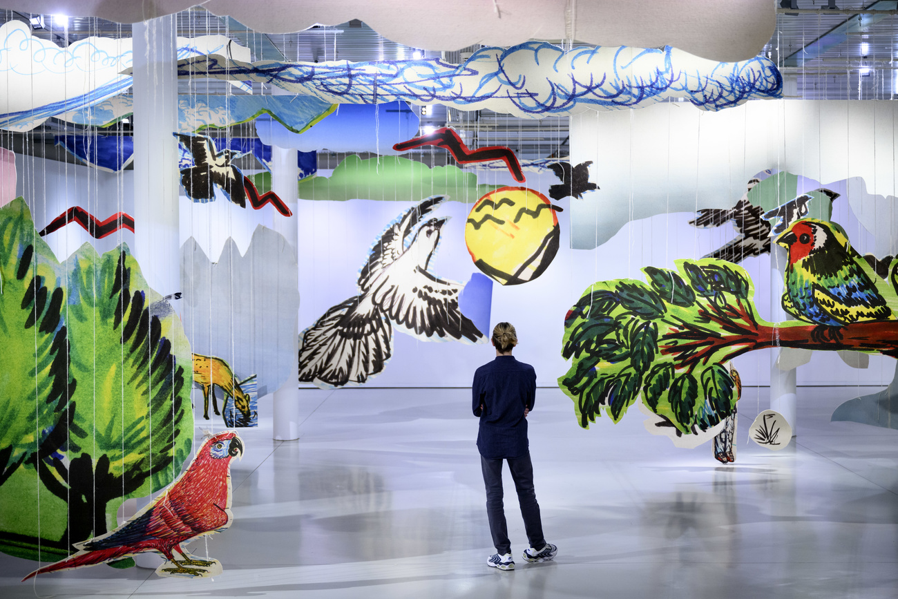 exhibition Unfinished Histories, very volcanic over this green feather of Kosovar visual artist Petrit Halilaj