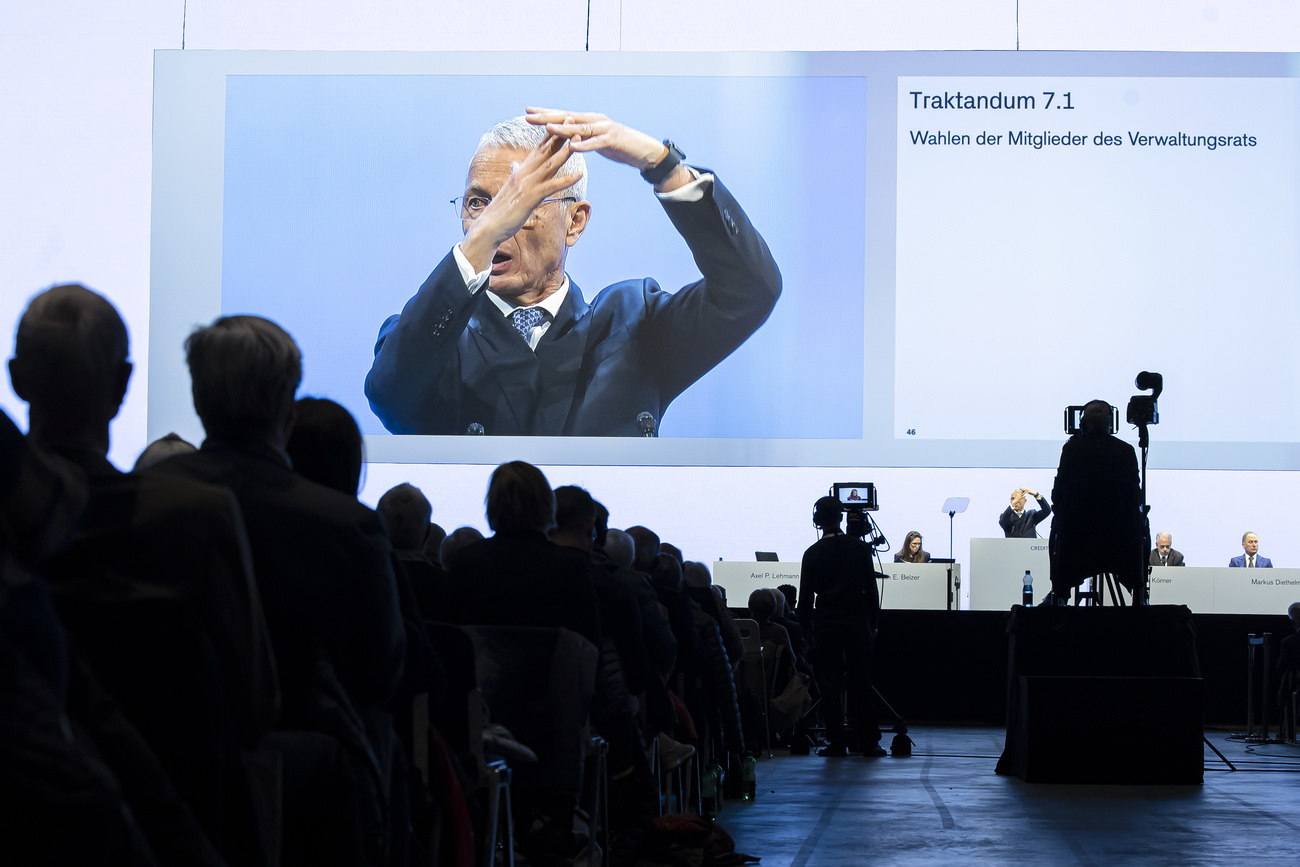 Shareholders listen to Credit Suisse chairman Axel Lehmann s address at the bank s AGM