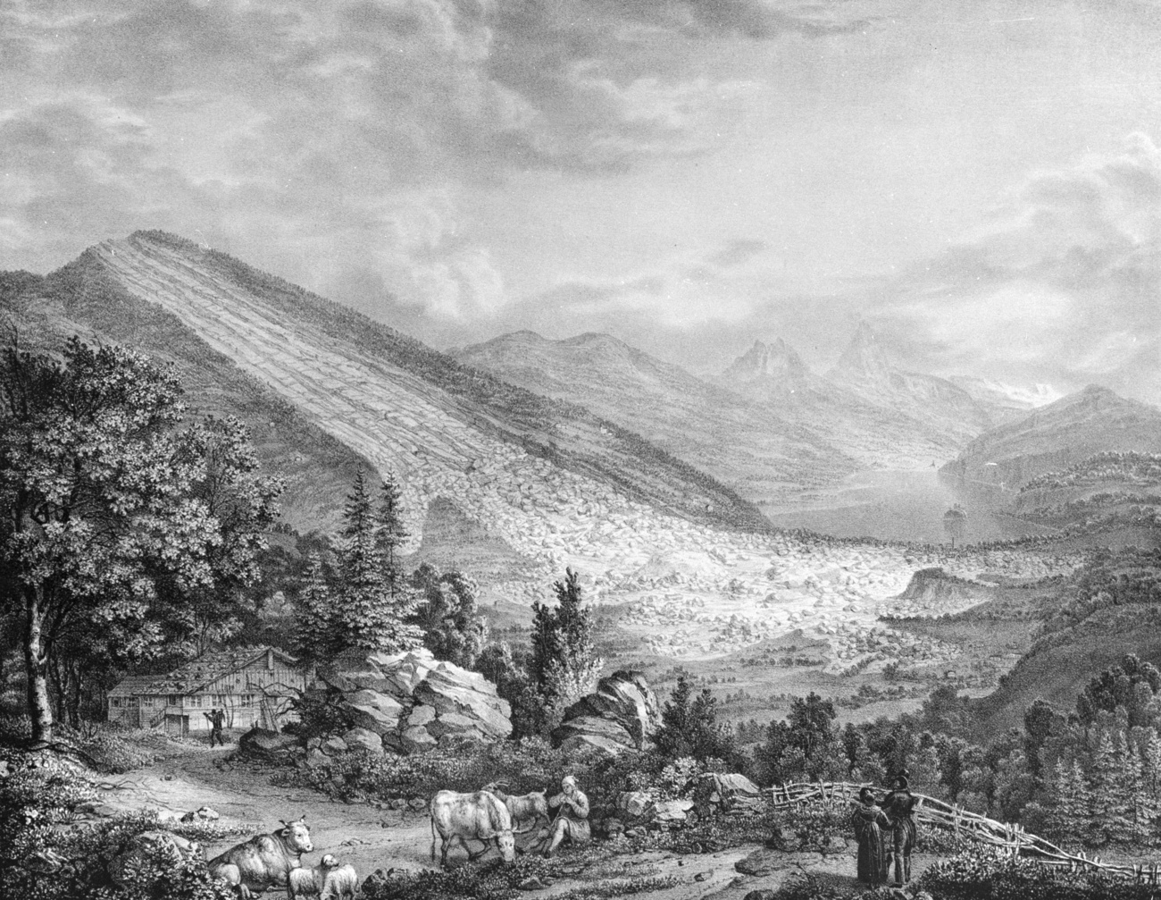 Illustration of the landslide of Goldau.