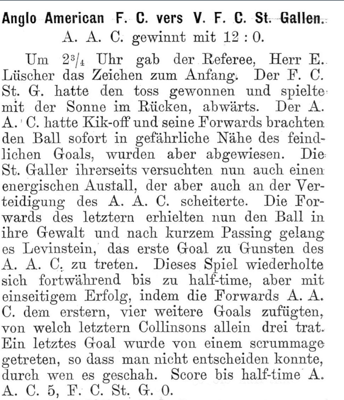 1898年11月、スイスのスポーツ紙に掲載されたサッカー競技に関する記事。英語のサッカー用語があちこちにちりばめられている