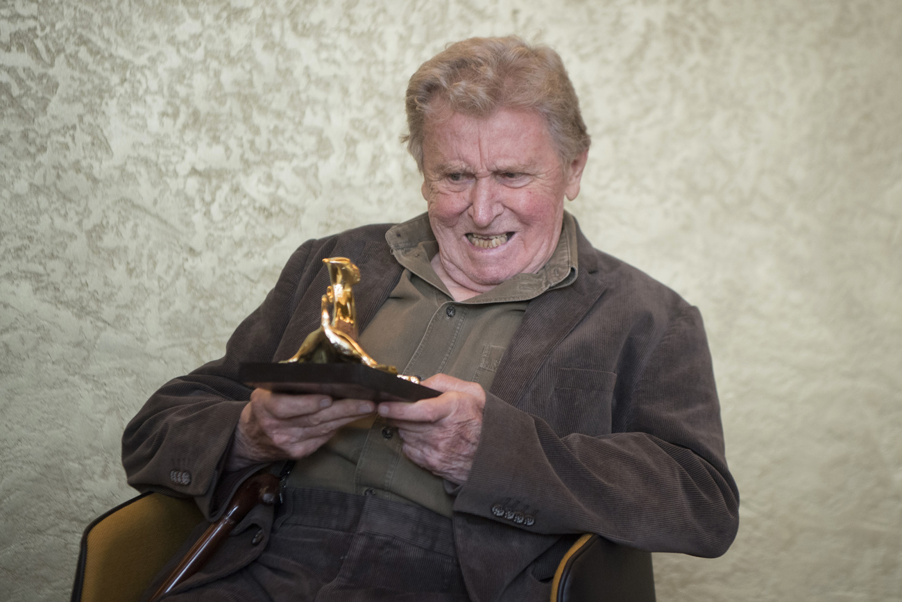 J-M Straub poses with his Pardo d Onore at Locarno Festival, 2017