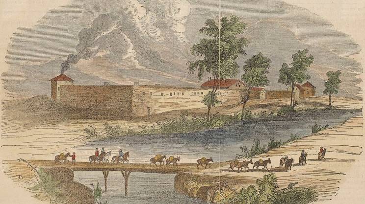 Altes Gemälde, das das Fort Sutter zeigt mit Reiter im Vordergrund, die einen Fluss überqueren