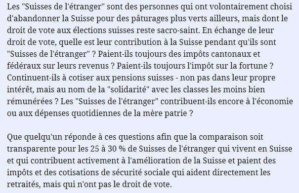 un commentaire de lecteur sur le droit de vote des Suisses de l étranger