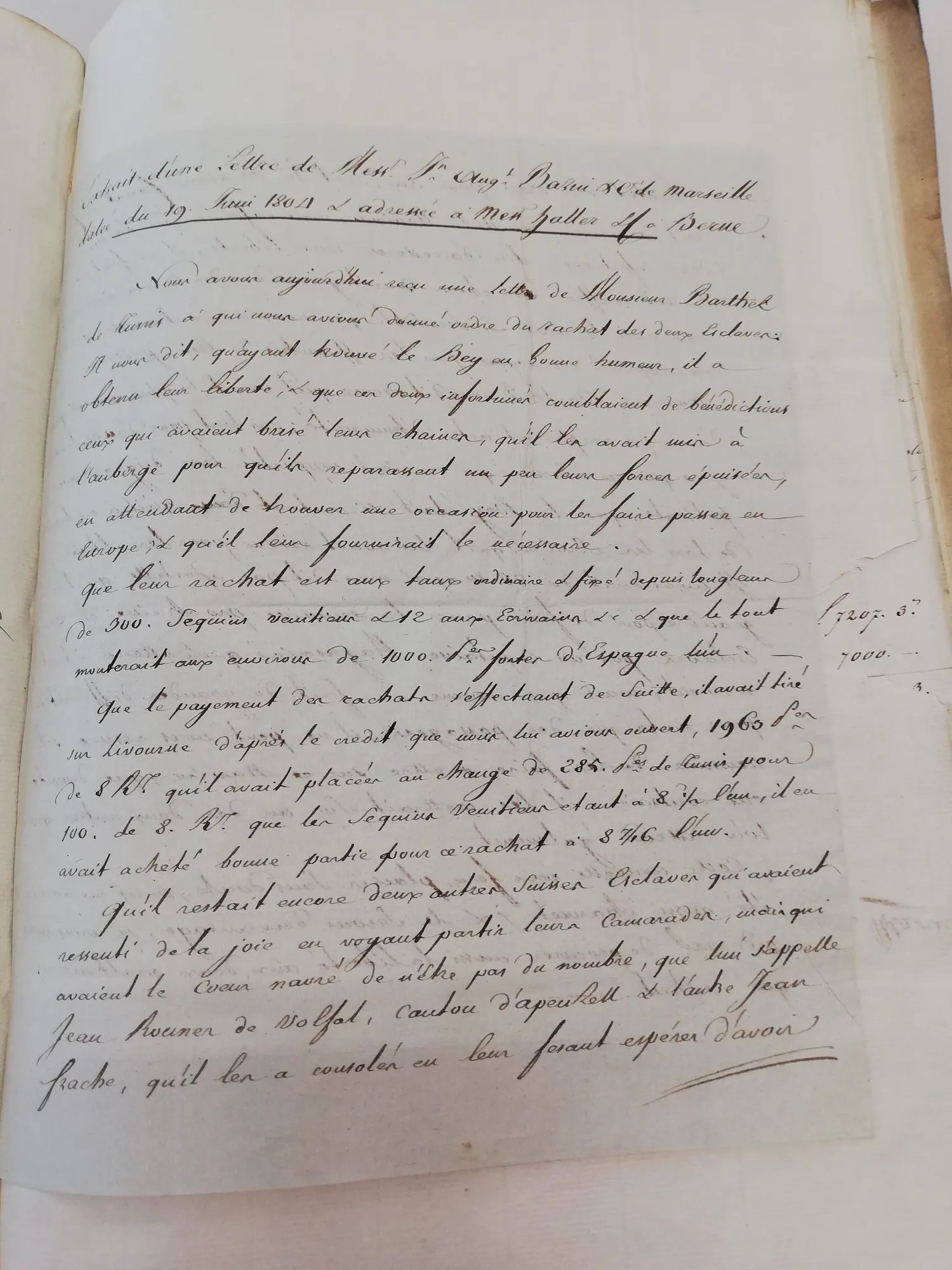 Brief vom 18, Juni 1804, in dem das Handelshaus Bazin in Marseille