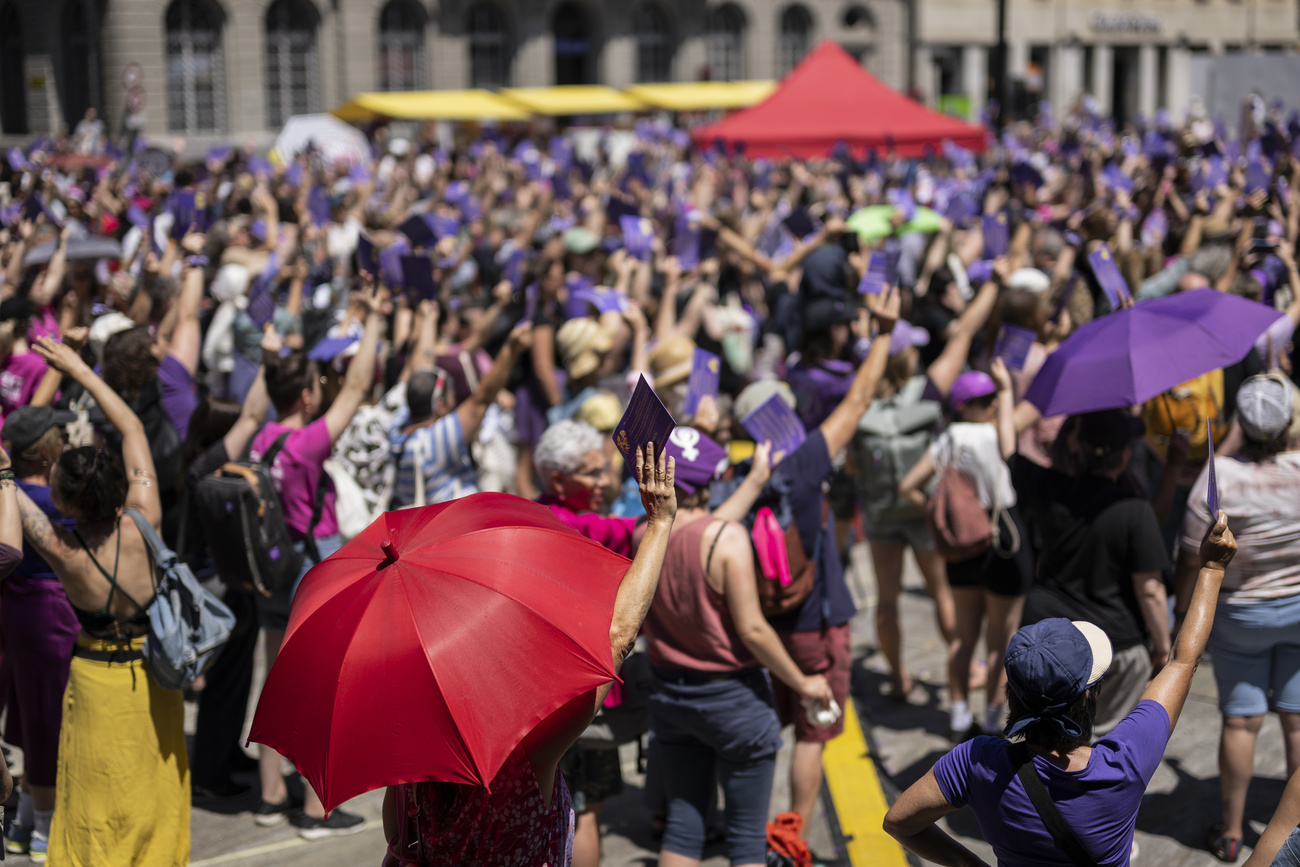 Protesters gather on the Bundesplatz in Bern for the Feminist Strike.