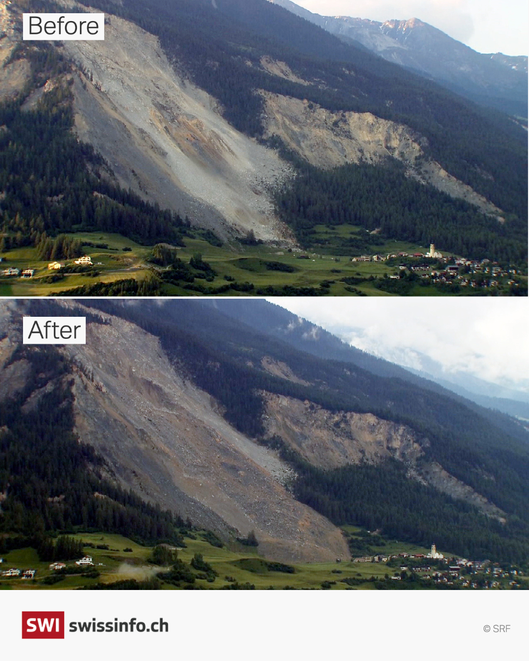 Side by side images of Brienz (before and after landslide)