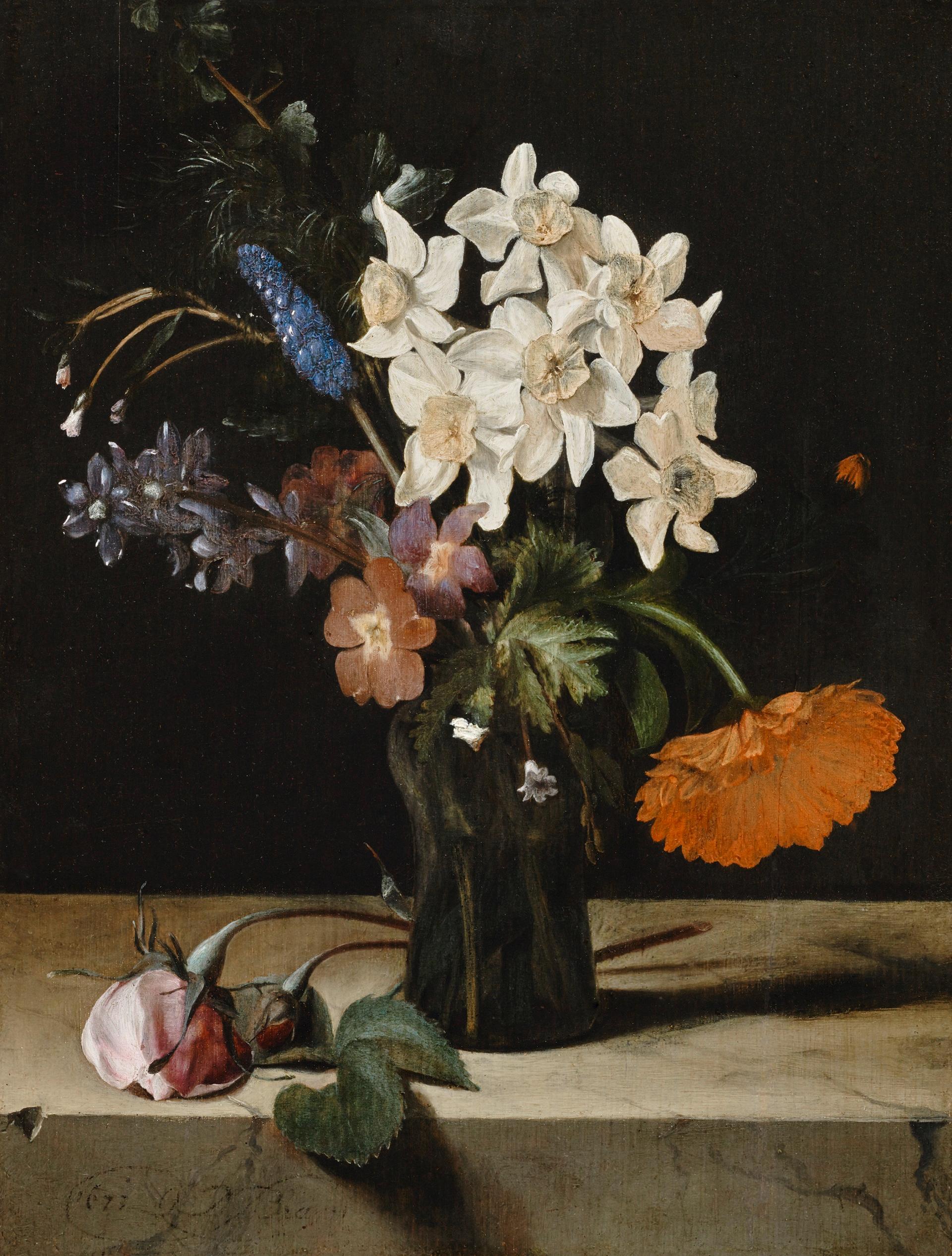 Narcissi and other flowers in a glass vase on a marble plaque by Dirck de Bray