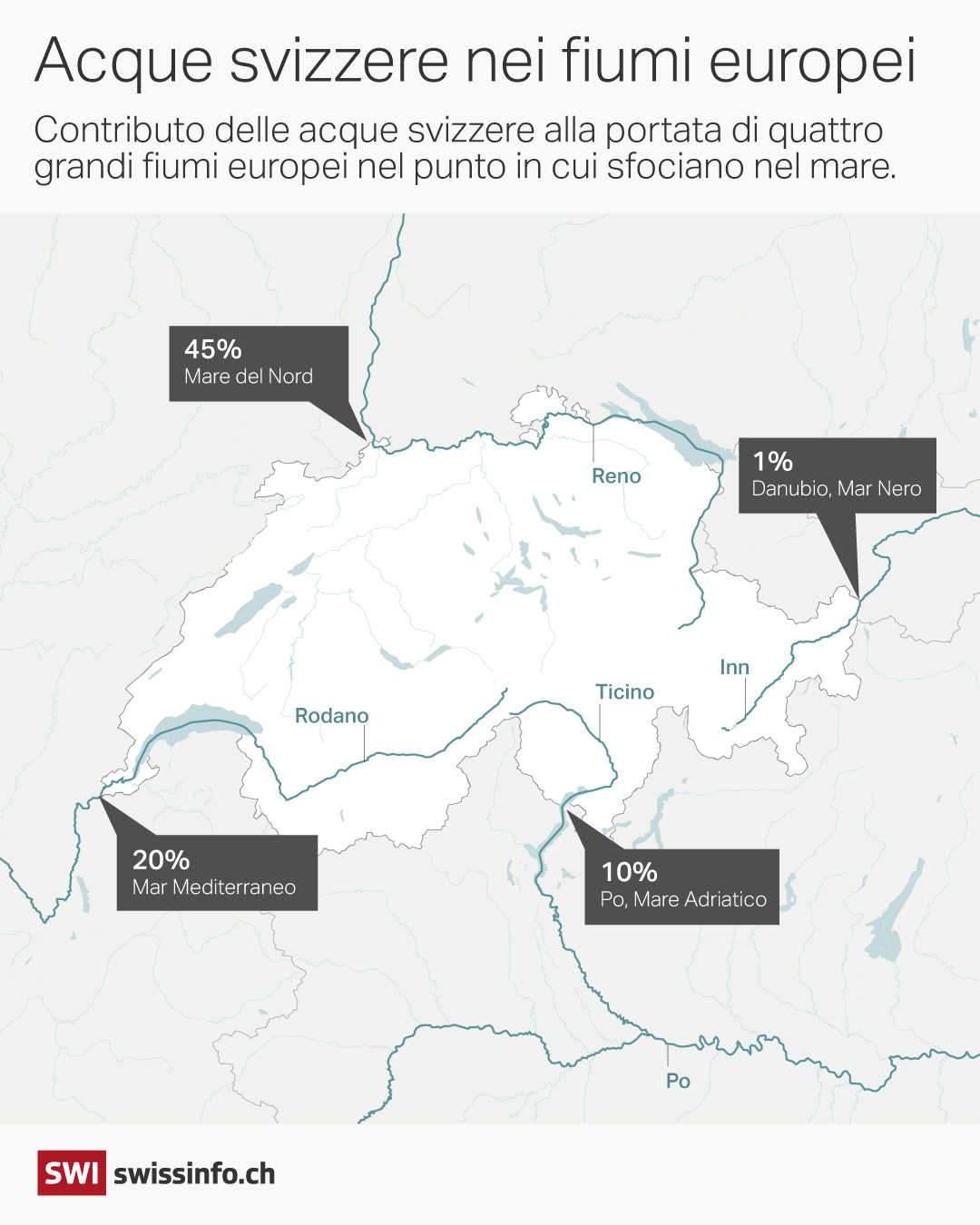 mappa che raffigura quattro fiumi europei che nascono in svizzera